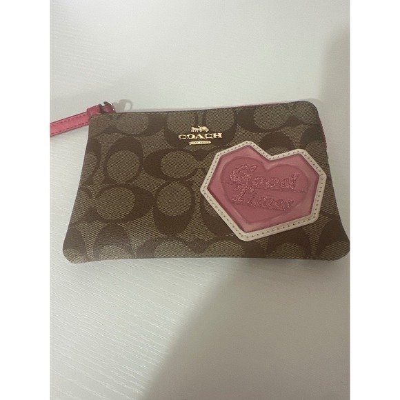 Coach Handbags - Coach Wristlet Brown Signature Good Times Heart Charm Zip Pouch Bag